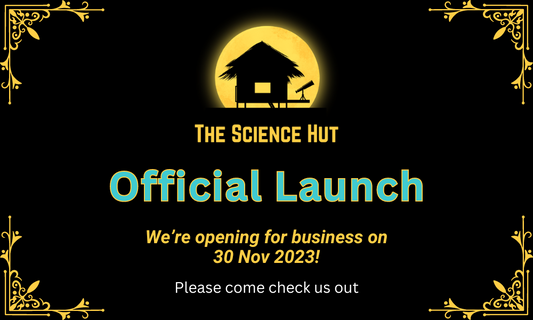 Infographic card that announces the launch date for The Science Hut E-commerce store