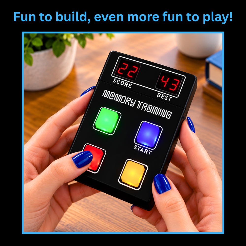 Fully assembled memory game electronics kit in persons hands