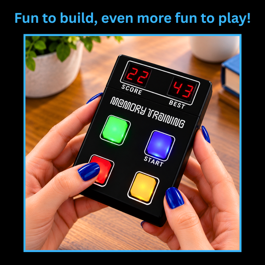 Fully assembled memory game electronics kit in persons hands