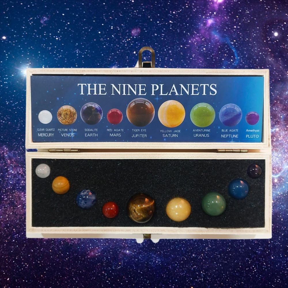 The nine planets in wooden box top view